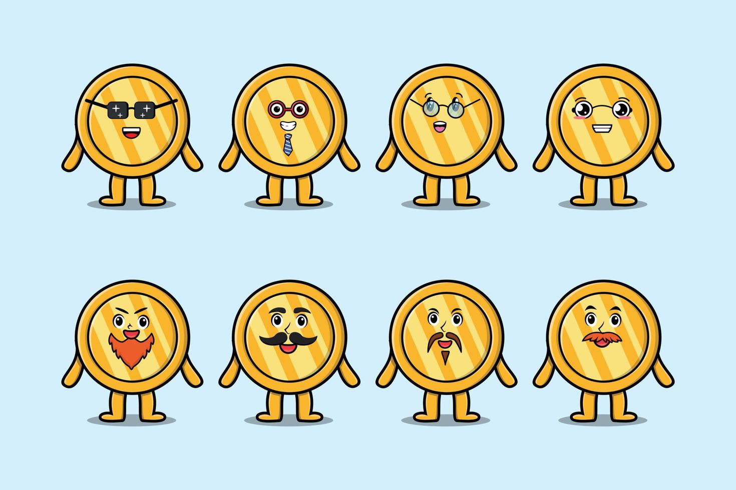 Set kawaii gold coin cartoon different expressions vector