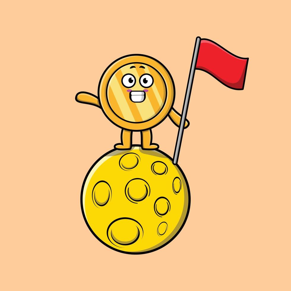 Cute cartoon Gold coin stand on the moon with flag vector