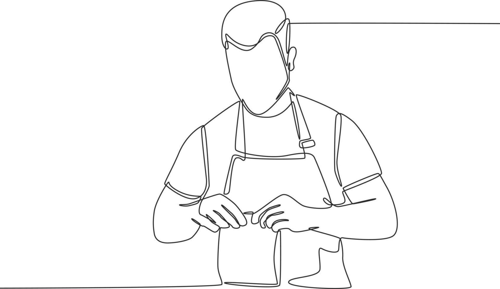 el barista de dibujo de línea continua simple está envolviendo una bolsa de papel al cliente. comida para llevar y concepto de servicio. ilustración de vector gráfico de diseño de dibujo de línea continua.
