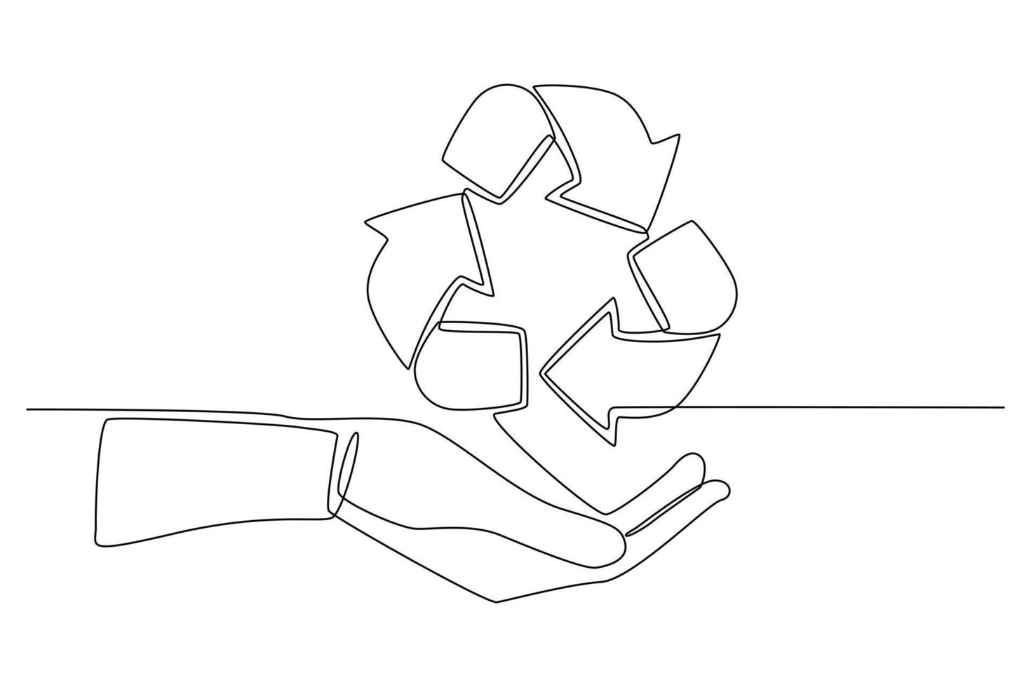 Continuous one line drawing recycle icon on the hand. Eco packaging concept. Single line draw design vector graphic illustration.