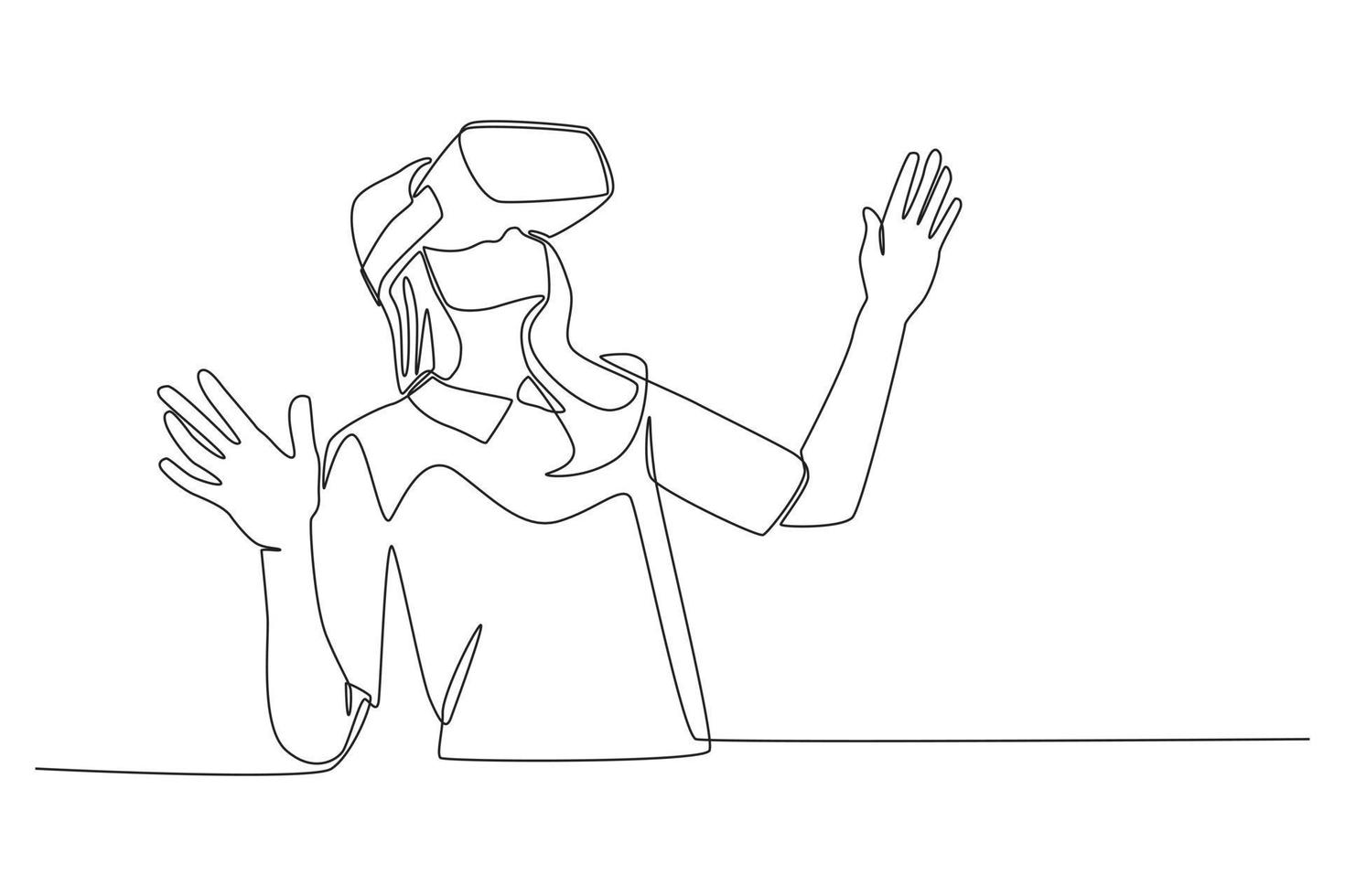 One continuous line drawing of young girl in glasses of virtual reality. Virtual game concept. Single line draw design vector graphic illustration.
