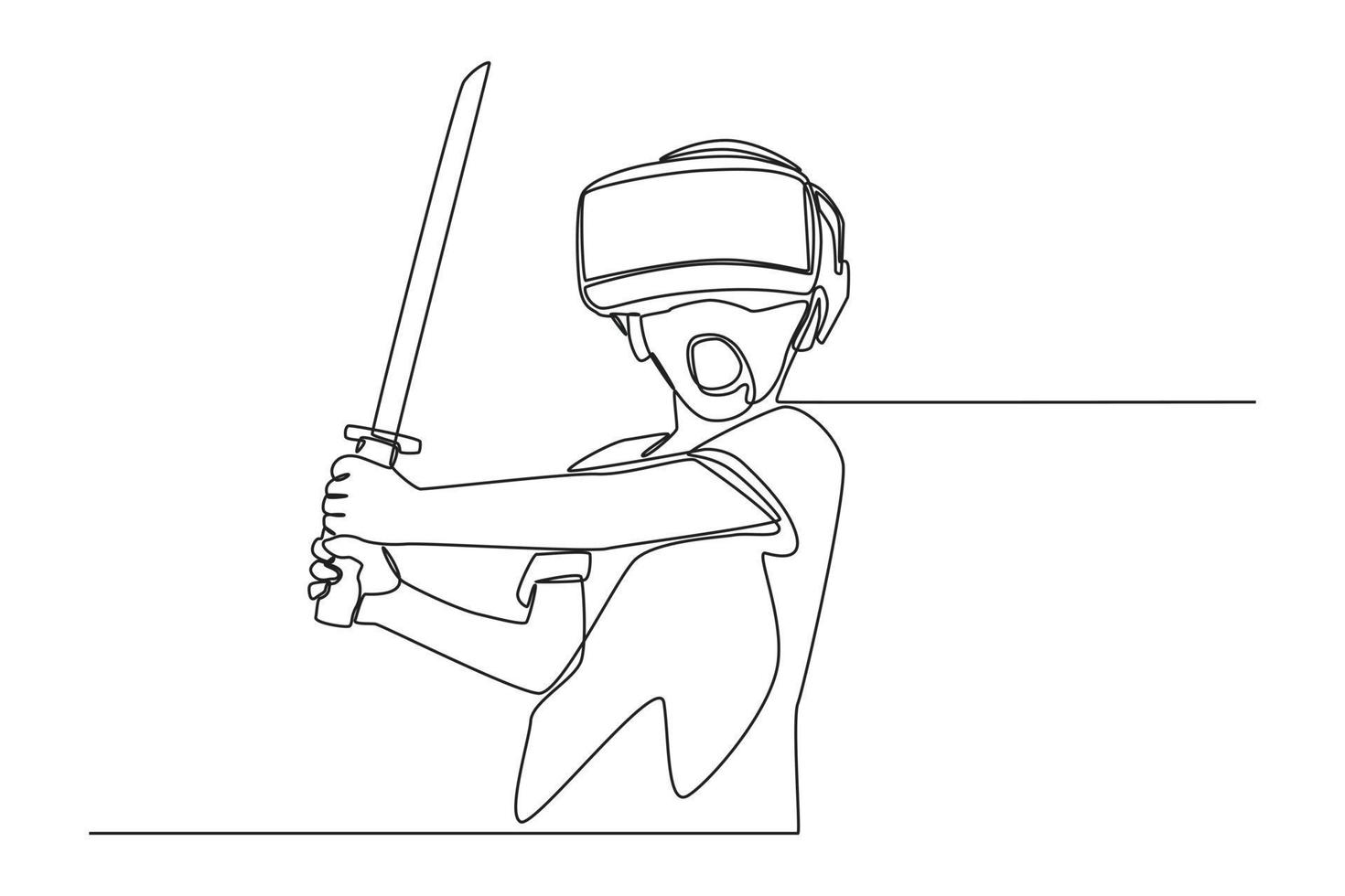 One continuous line drawing of  kid play virtual game with vr glasses and long sword. Virtual game concept. Single line draw design vector graphic illustration.