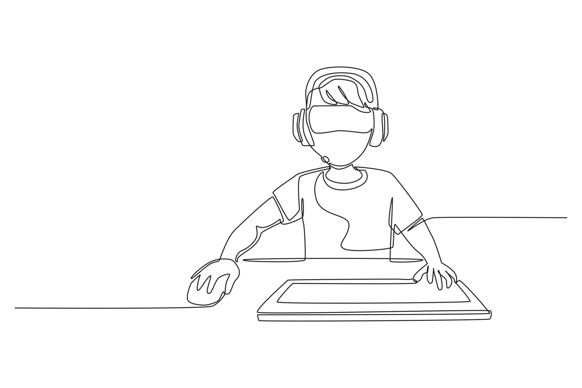 A young man with headset looking at monitor computer. Continuous one line  drawing of a gamer playing games with computer monitor, headphone, mouse,  and keyboard. Sparring game online concept 2099823 Vector Art