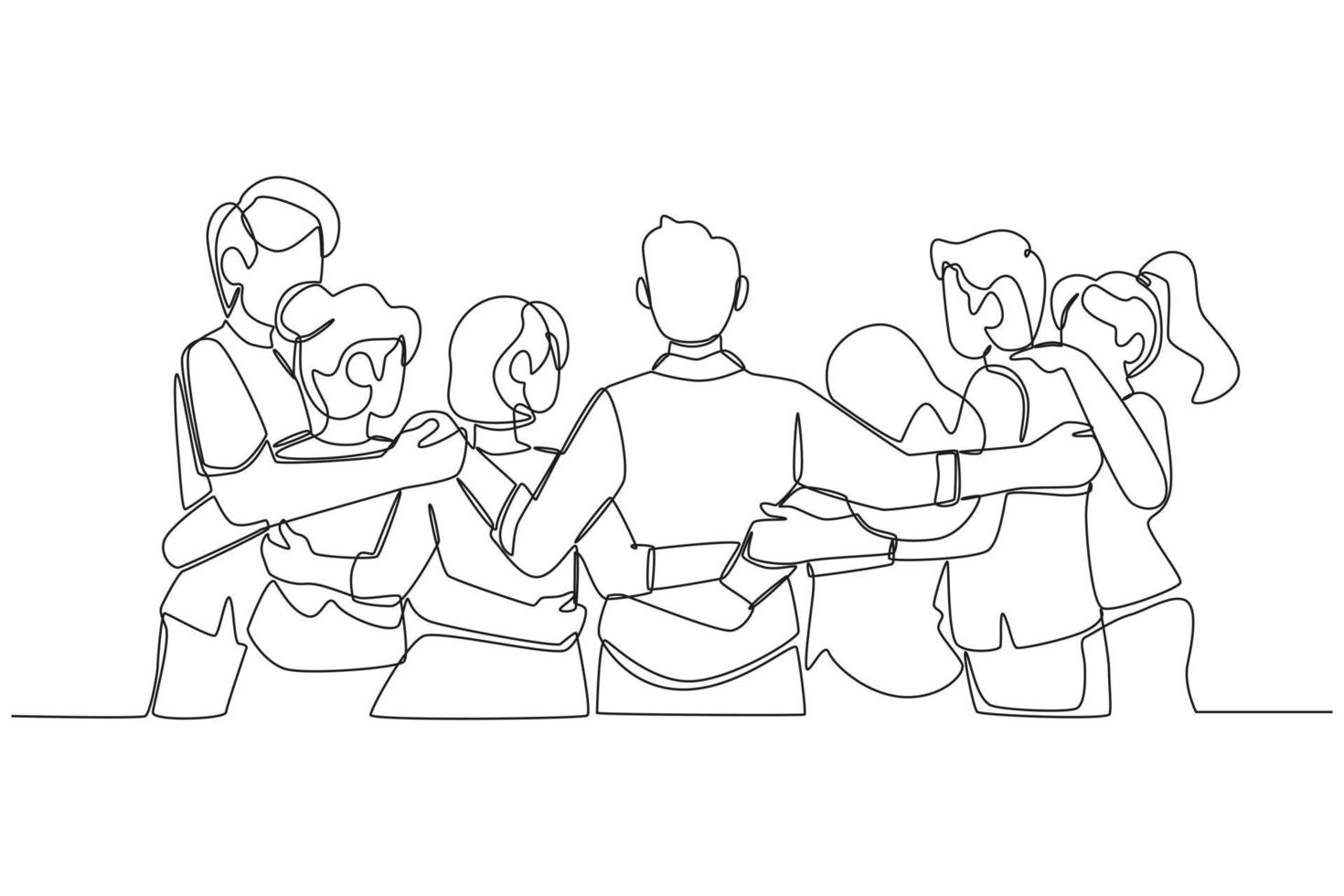 Continuous one line drawing Back view of teenage boys and girls standing together, embracing each other. International youth day concept. Single line draw design vector graphic illustration.