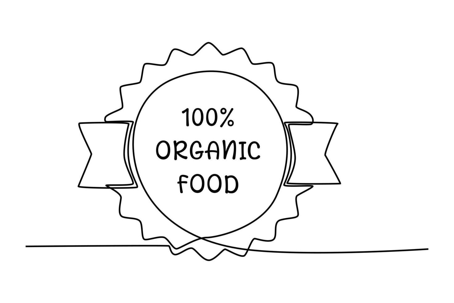 Single one line drawing 100 percent organic food on background. Suitable for product label. Label or sticker concept. Continuous line draw design graphic vector illustration.
