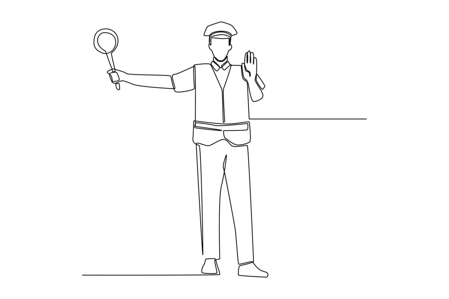 Single one line drawing Traffic Police standing and using sign board. Road and traffic concept. Continuous line draw design graphic vector illustration.