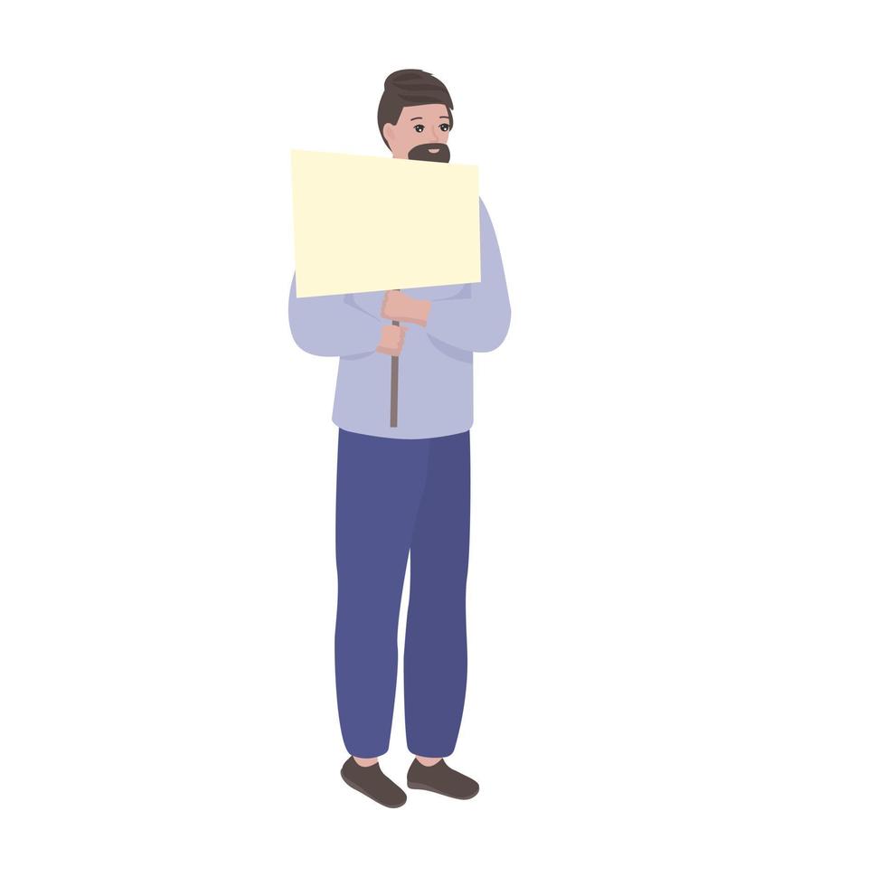 Male holding poster with place for text for advertisement. Adult man with paper poster. Isolated vector illustration.