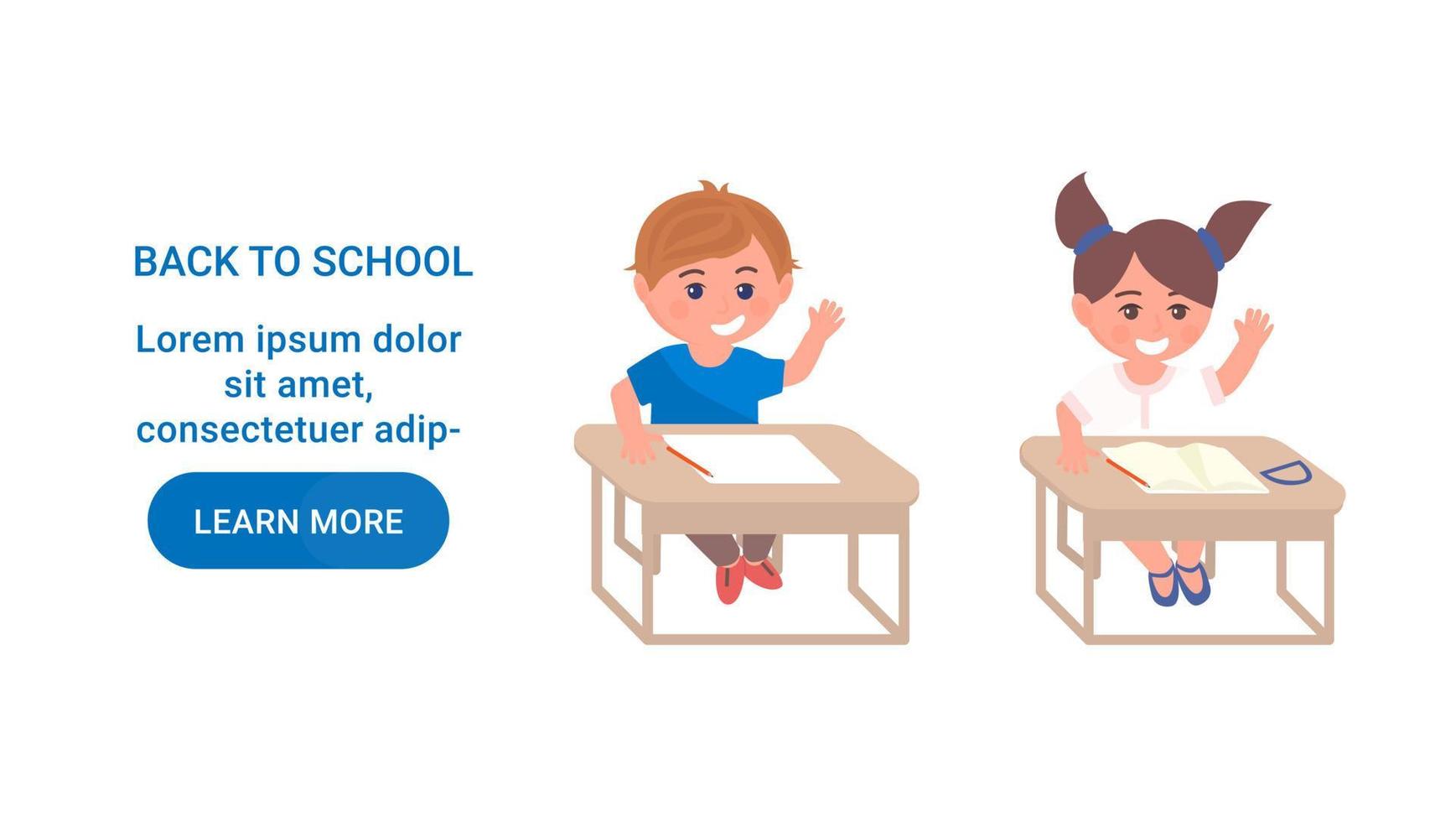 Primary Education Landing Page Template. Little Kid Student sitting in School Classroom. Schoolgirl and schoolboy Characters Sitting at Desk. Back to school cartoon Vector Illustration.