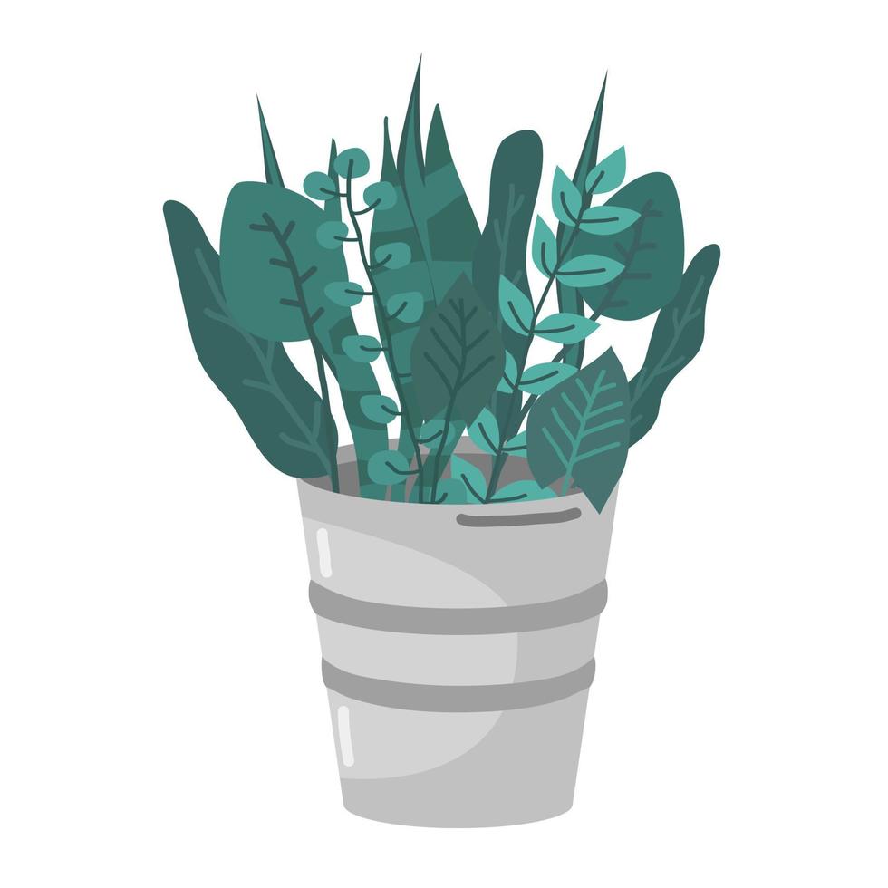 Green plants in Large garden bucket. Vector illustration for poster, banner, cover, card.