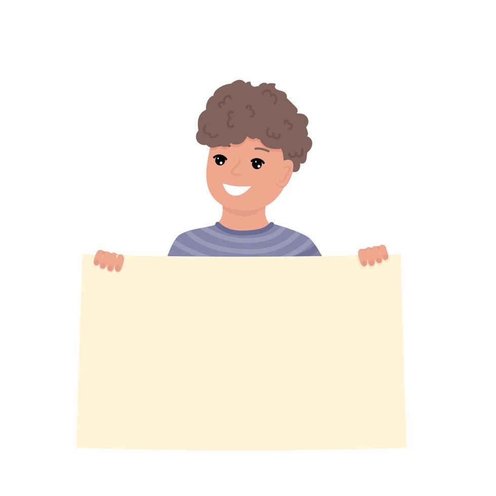 niño feliz sosteniendo un cartel con lugar para el texto. niño sonriente con cartel de papel. ilustración vectorial aislada. vector