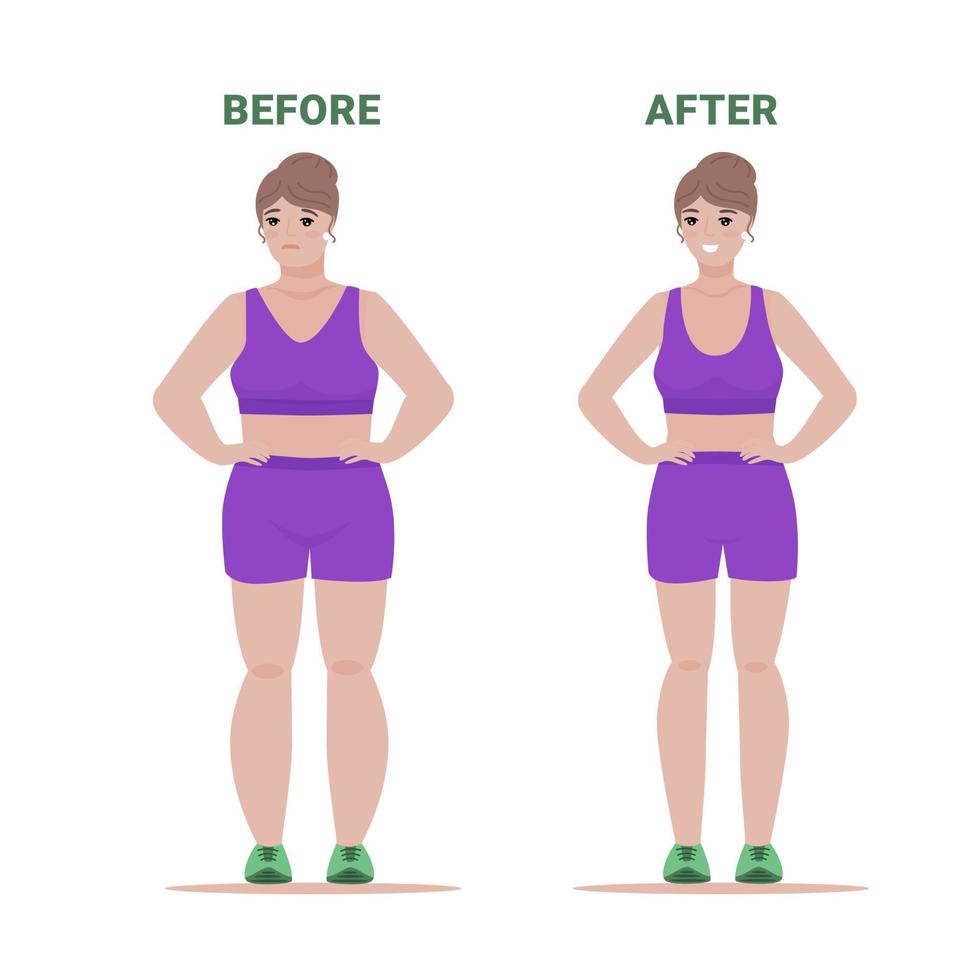 Fat female turn slim in gym. Woman before and after training course. Flat vector illustration isolated on white.