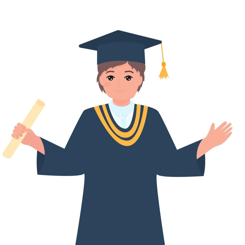 Male with graduation cap on head holding diploma, flat vector illustration isolated on white background. Happy young man.