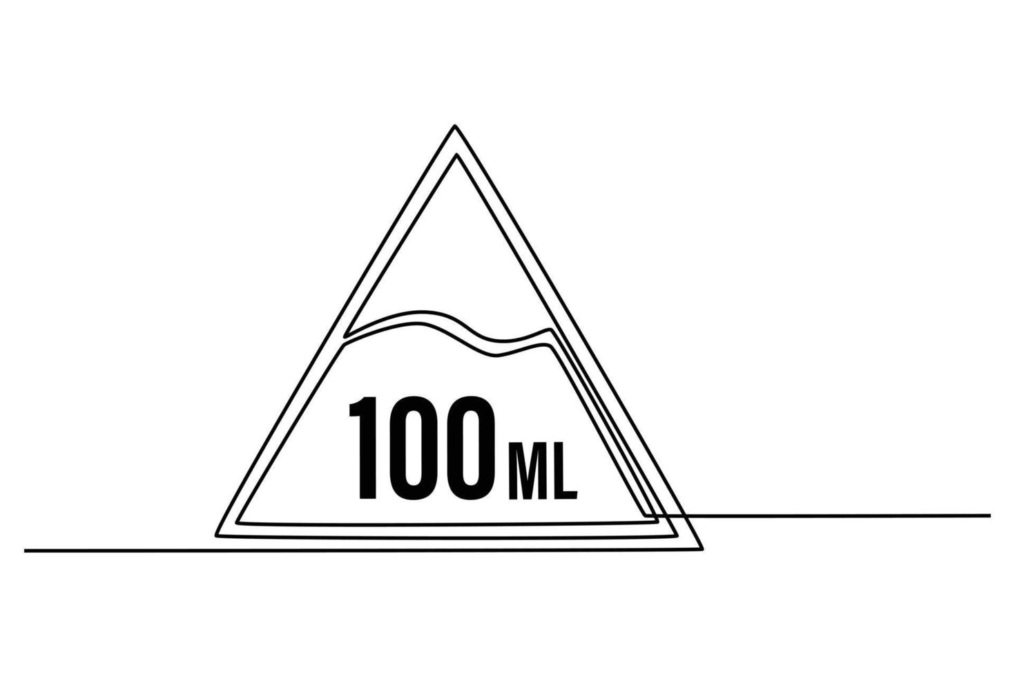 Single one line drawing 100 ml water in triangle shape on background. Suitable for product label. Label or sticker concept. Continuous line draw design graphic vector illustration.