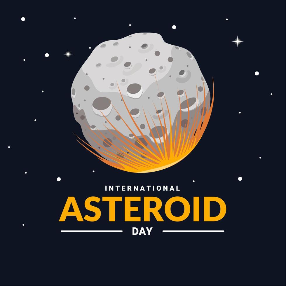 ilustración vectorial de un asteroide que atraviesa el espacio, con la tierra y las estrellas en el fondo, como pancarta o afiche, día internacional del asteroide. vector