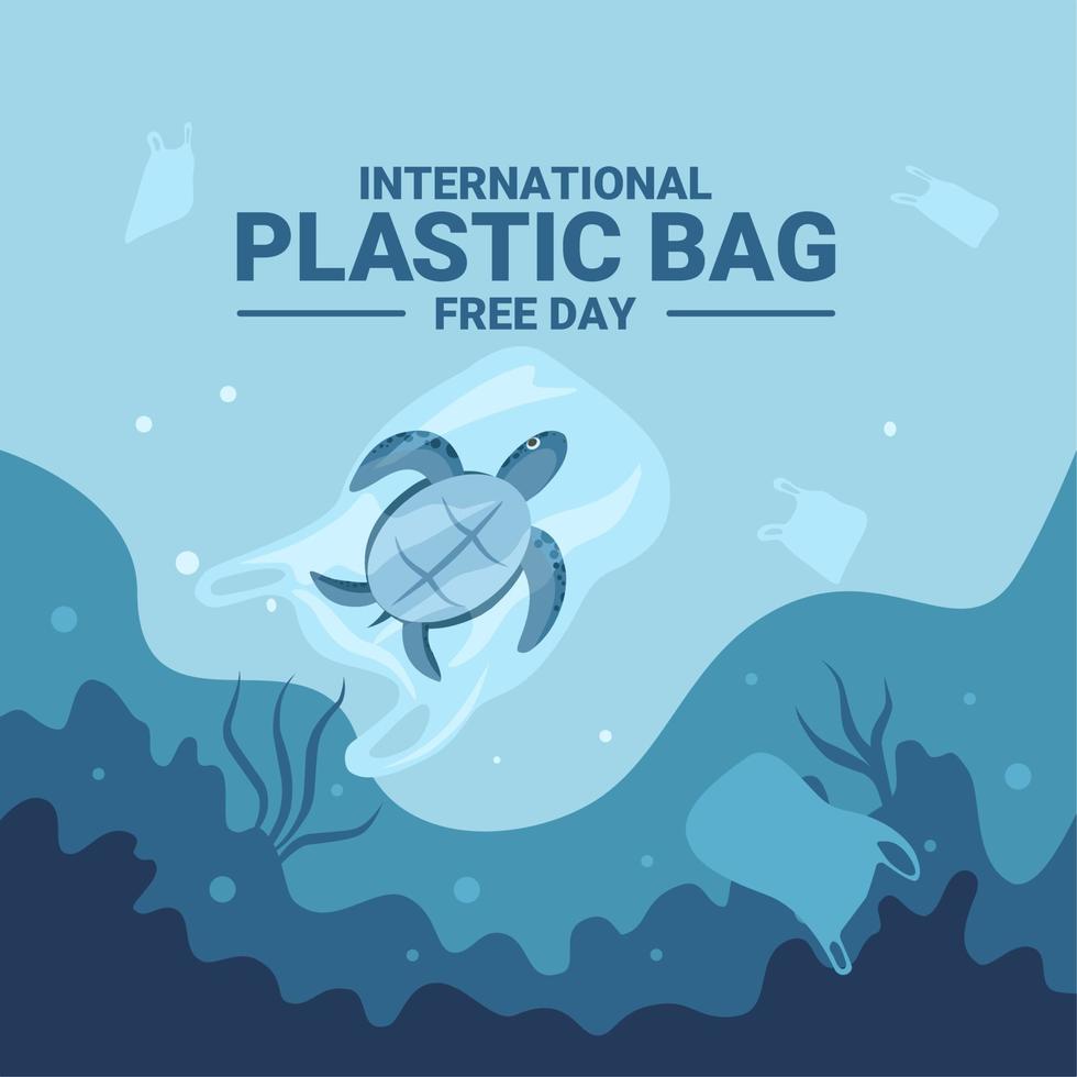 día internacional libre de bolsas de plástico, di no al plástico, salva la naturaleza, salva el océano, día mundial del océano, tortuga marina en una bolsa de plástico, ilustración vectorial. vector