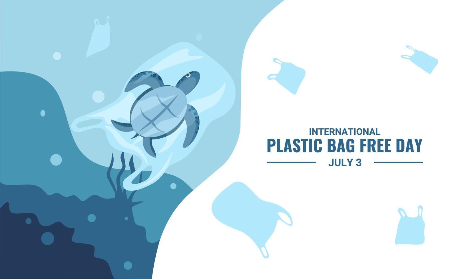 día internacional libre de bolsas de plástico, di no al plástico, salva la naturaleza, salva el océano, día mundial del océano, tortuga marina en una bolsa de plástico, ilustración vectorial. vector