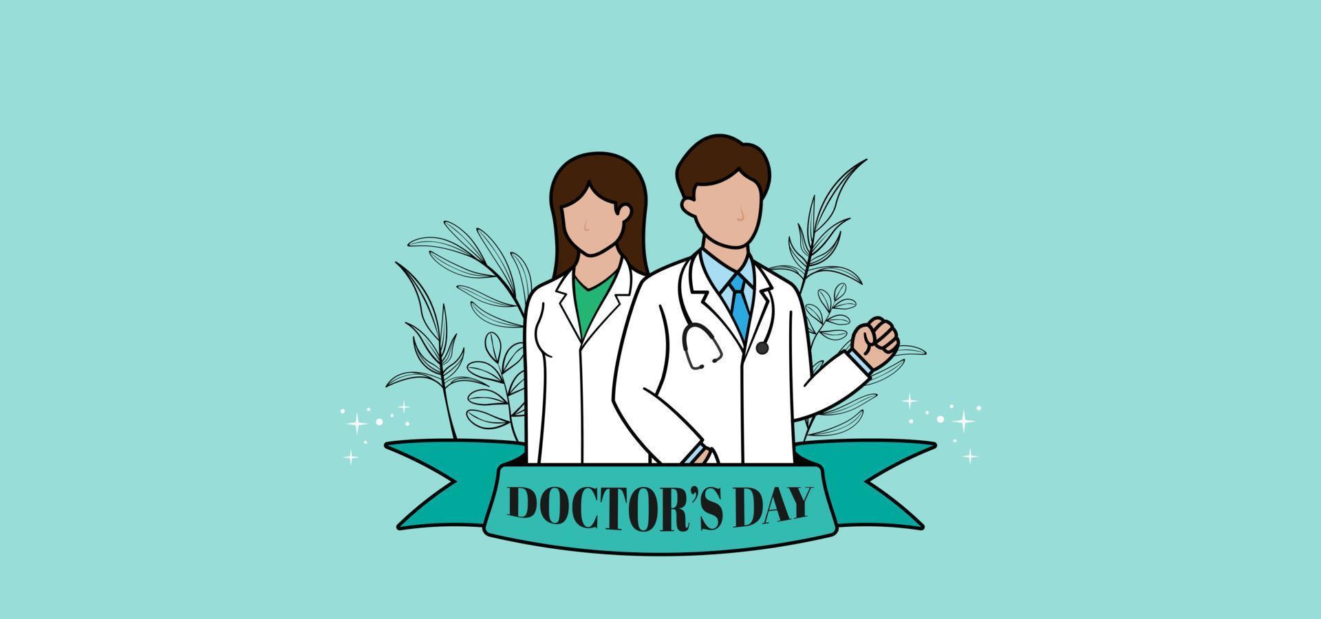 fondo feliz del día del médico. dos pares de médicos, hombres y mujeres con adornos de cinta y líneas de arte de hojas sobre fondo azul claro vector