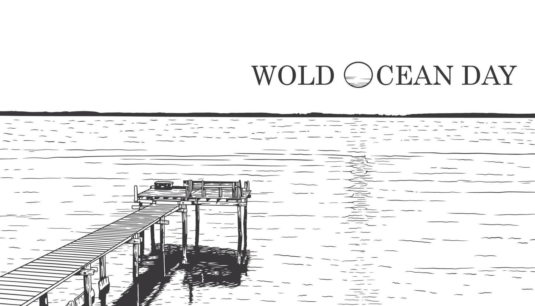Perspective view of a wooden pier on the seashore vector line art illustration
