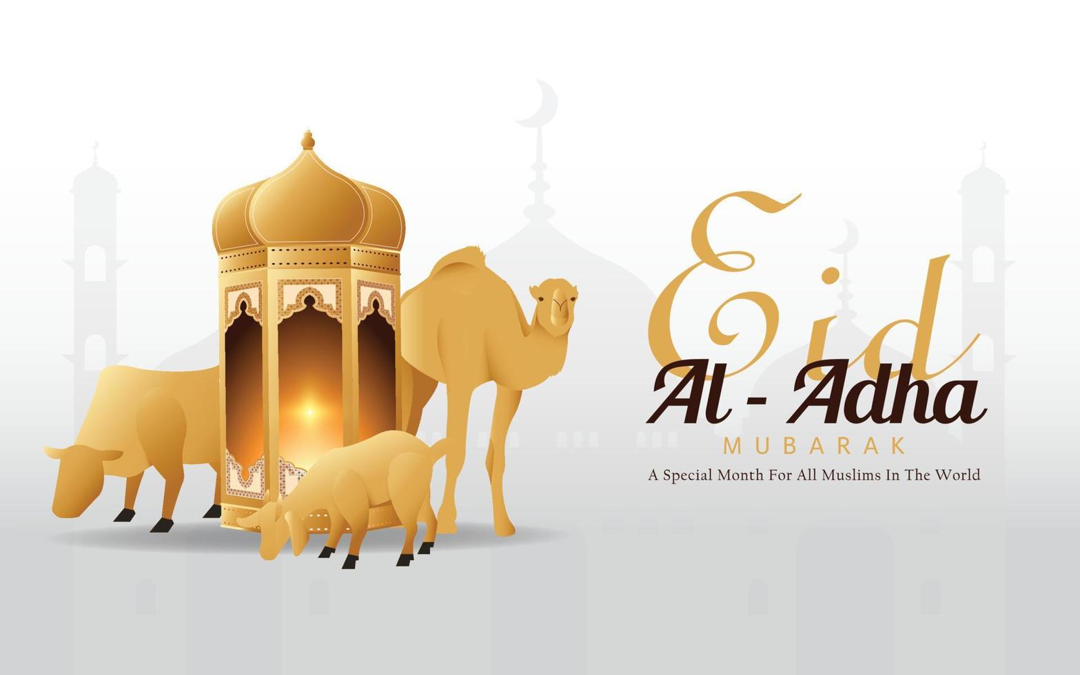 Eid Al-Adha Template Design. Holy Day for Muslims and Islam. Vector Illustration of Cow, Goat, and Camel in The Podium. Suitable For Posters, Banners, Web Campaigns, and Greeting Cards.