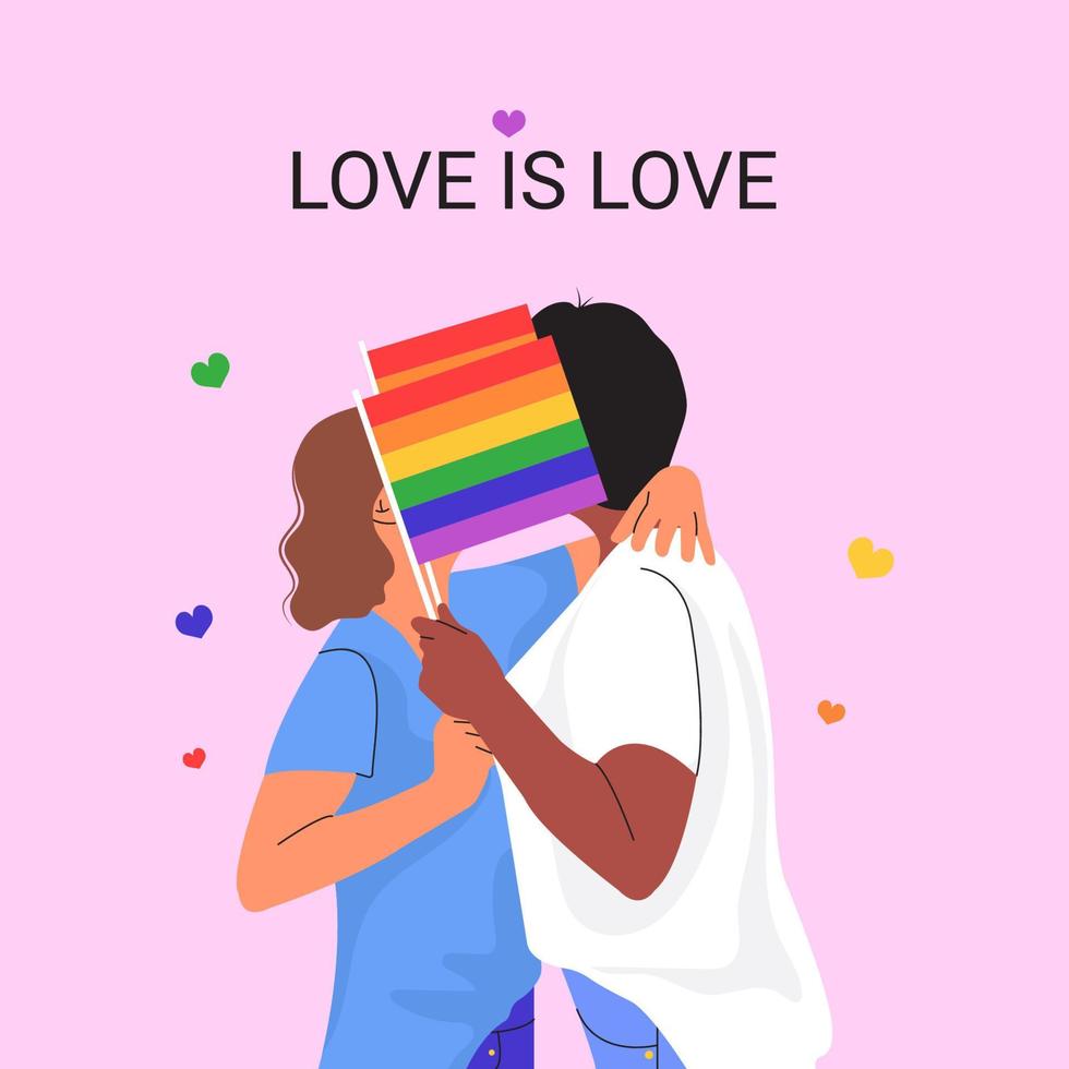 pareja de amor lesbiana sostiene banderas con arco iris lgbt. dos mujeres besándose. celebración del mes del orgullo contra la violencia, la discriminación, la violación de los derechos humanos. concepto de pareja lesbiana o bisexual, lgbt. vector
