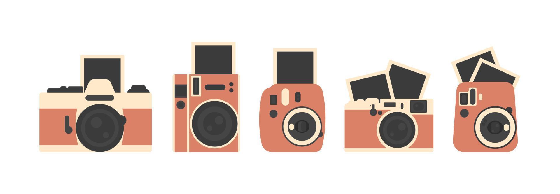 A set of Cameras with blank Photo cards. Isolated Cameras on a white background. Vector illustration.
