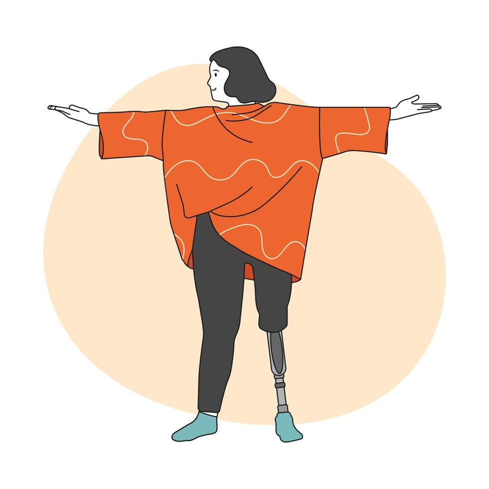 mujer discapacitada haciendo yoga, viviendo una vida plena. personas con discapacidad, prótesis, amputación, inclusión. dibujado a mano en estilo de línea fina, ilustración vectorial. vector