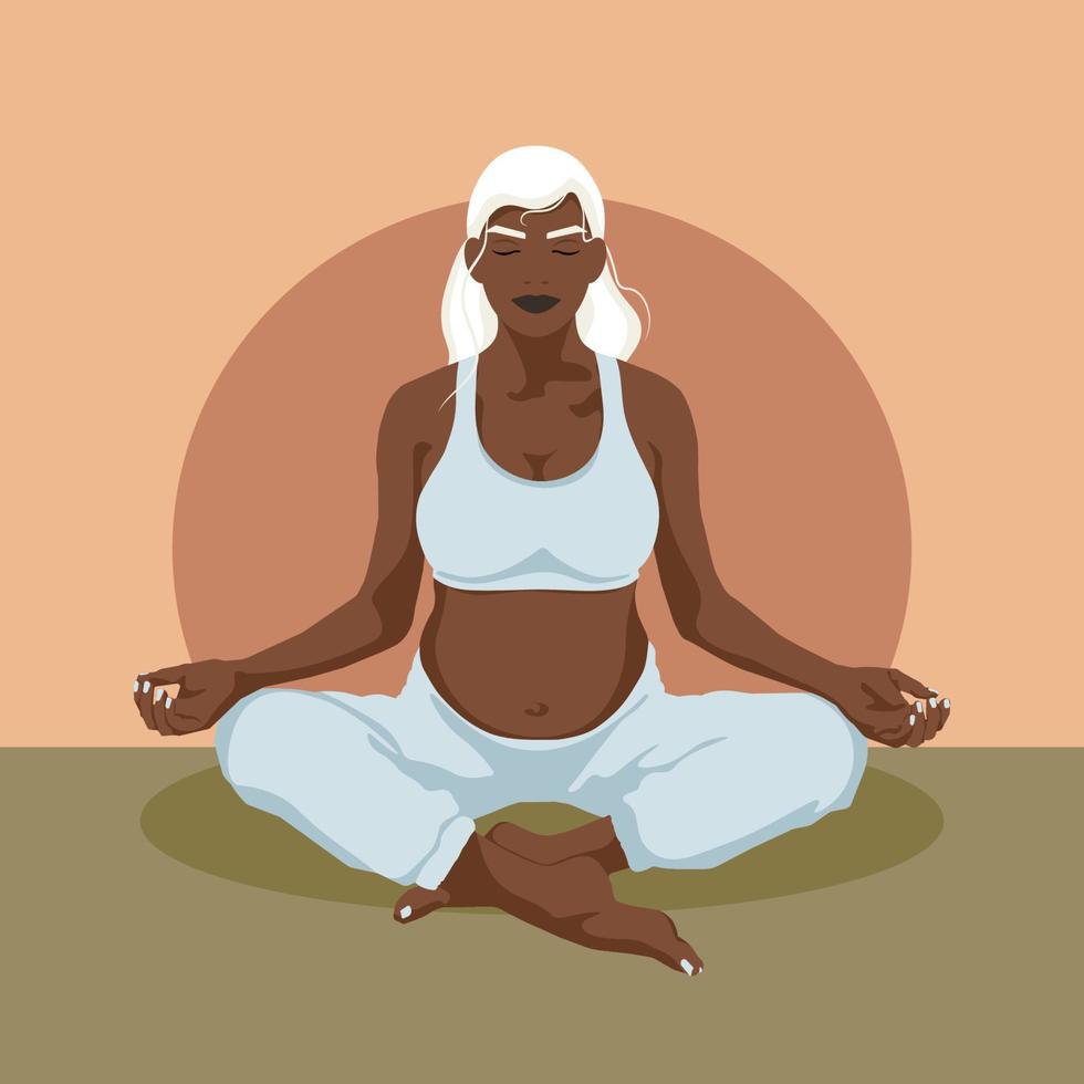 Pregnant Girl sitting in Lotus pose. Conceptual illustration for Yoga, meditation, relaxation, rest, healthy lifestyle. Flat Vector illustration.