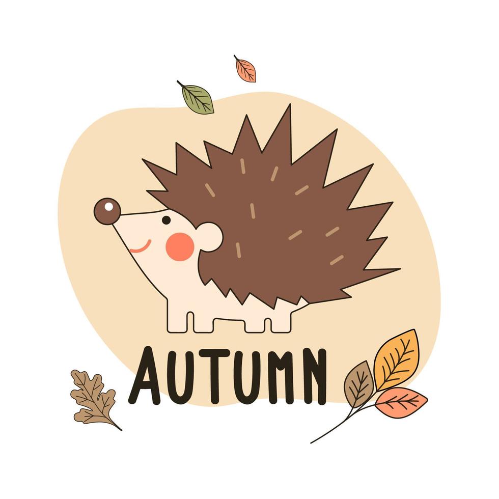 Cute Hedgehog with inscription Autumn. Isolated character Hedgehog with leaves. Seasonal vector illustration in flat style.