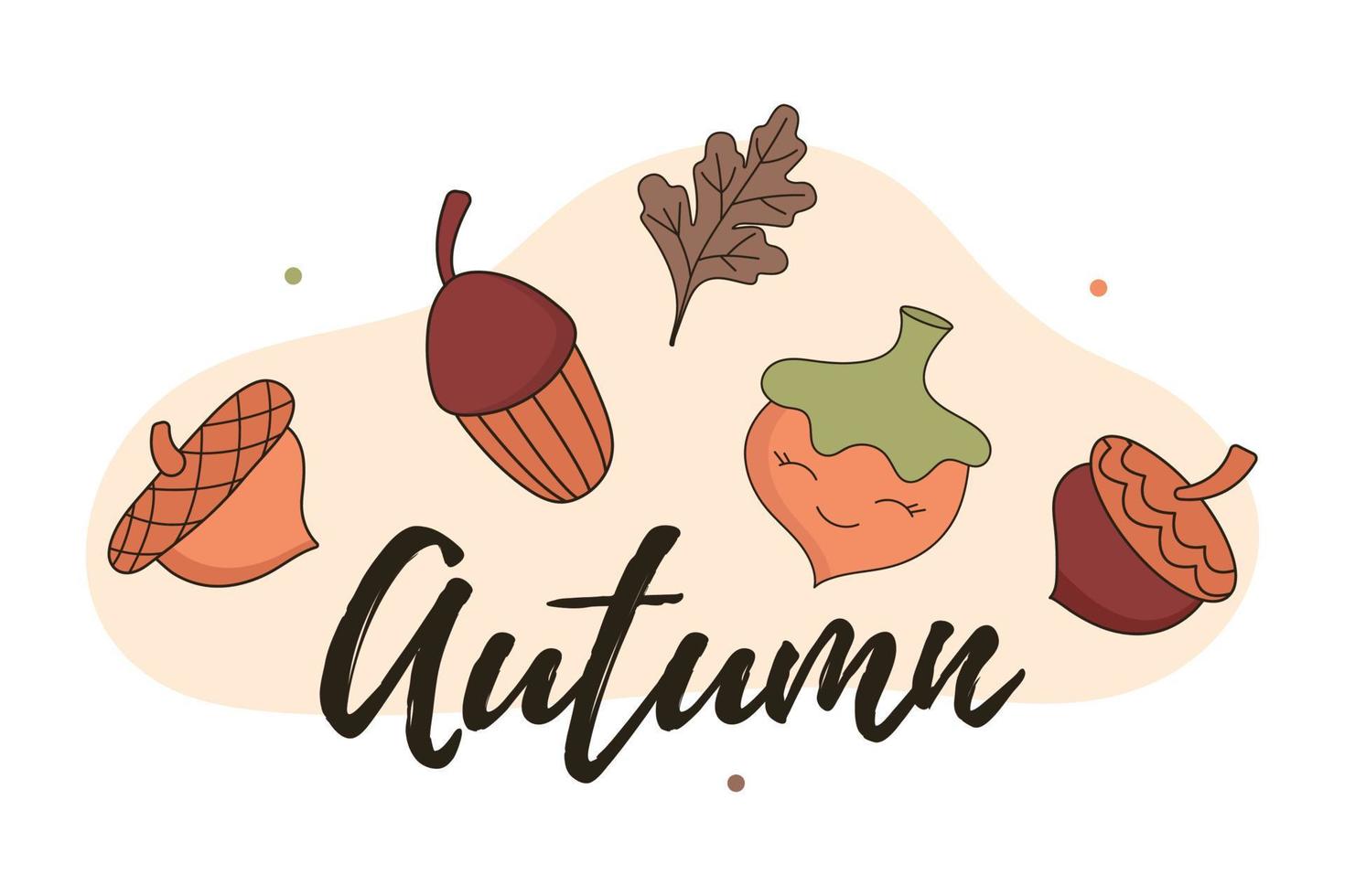 Inscription Autumn with design forest elements. The trend Calligraphy, lettering. Autumnal Lettering for card, poster, banner, print, handwritten quotes. Hand drawn vector illustration.