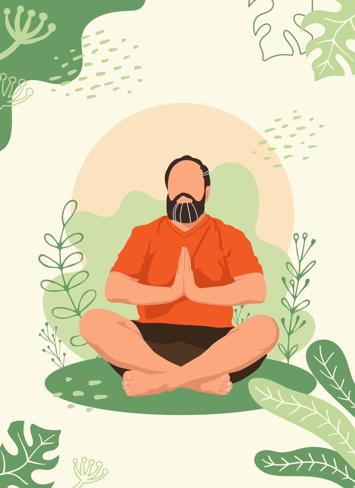 Faceless Meditating Bearded man. Vector illustration of Faceless man sitting in Yoga Lotus position surrounded by Plant leaves. Harmony and peace concept.