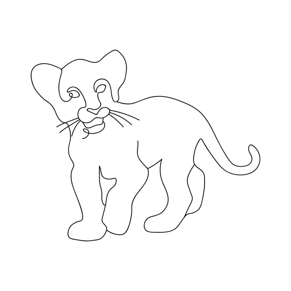 One single Line drawing of wild Lion cub. Safari zoo concept. Modern continuous Line draw graphic design. Vector illustration.