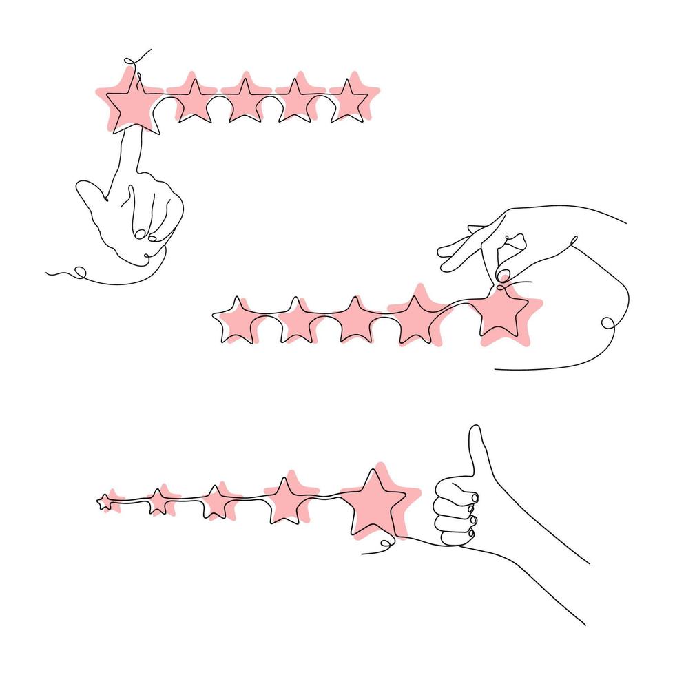 Set of Line art drawing Hands with Stars for Ratings, Reviews, testimonials. Hands show Star Rating. Icon for Ratings, Reviews, feedback. Vector illustration.