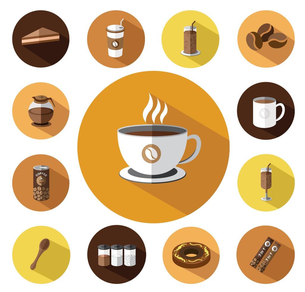 iconos modernos de café plano con efecto de sombra larga vector