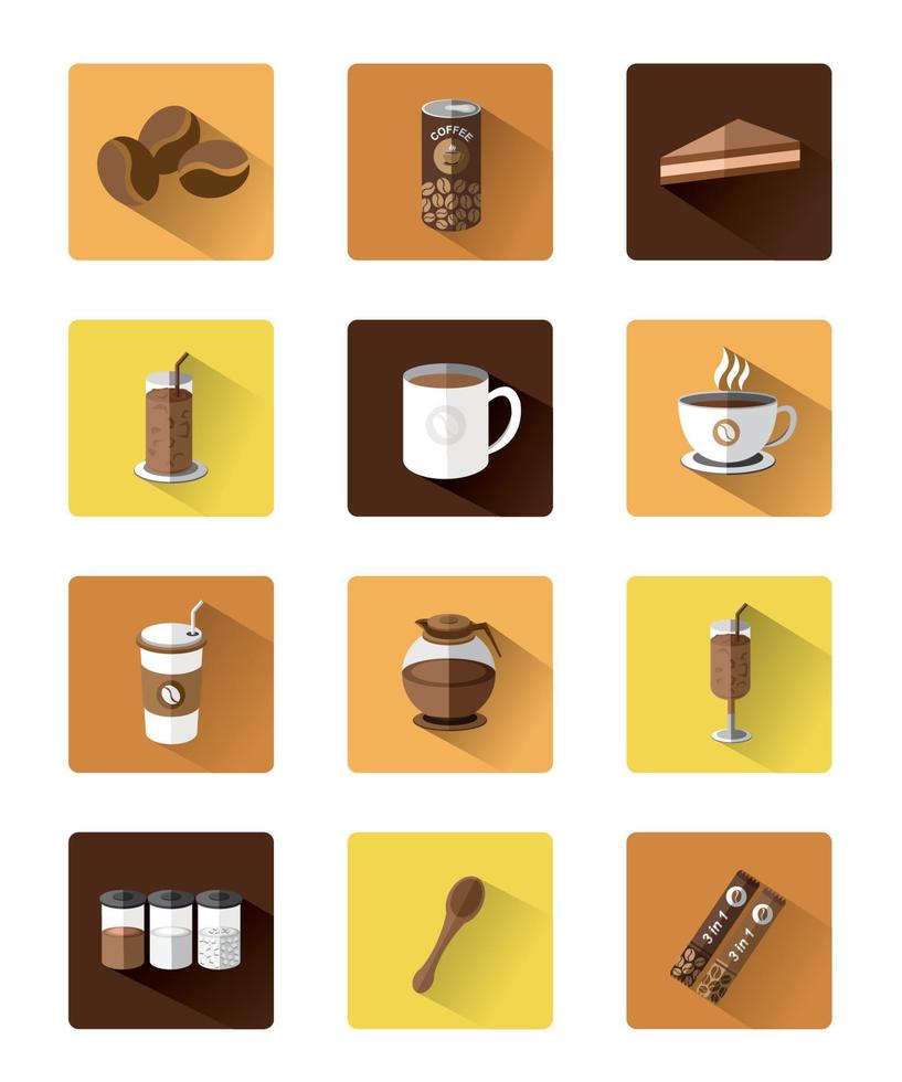 Illustration 0f Modern flat Coffee icons set with long shadow effect. vector