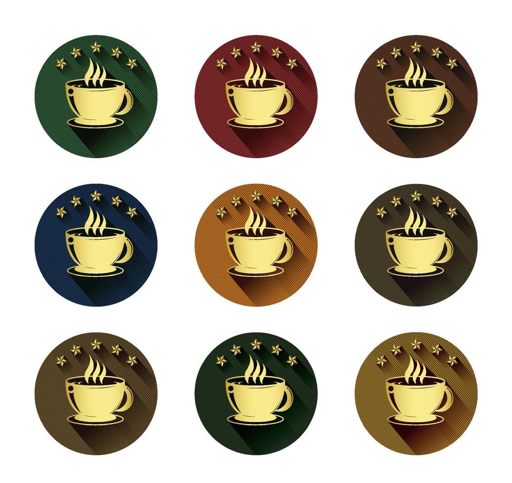 Golden coffee cup and five star icons set with long shadow effect vector