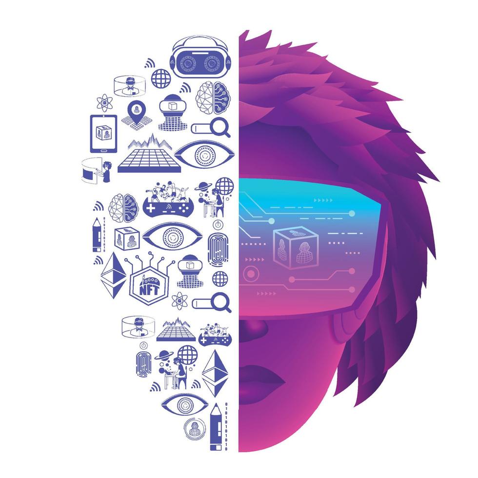Half face woman use VR virtual reality goggle and metaverse icons.Education for metaverse concept vector