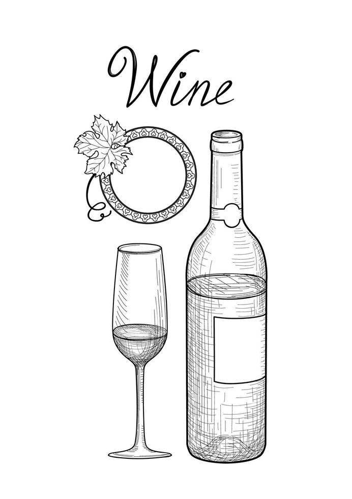 Drink wine set. Cafe bar menu banner. Wineglass, bottle, lettering. Winecard retro engraved  background vector