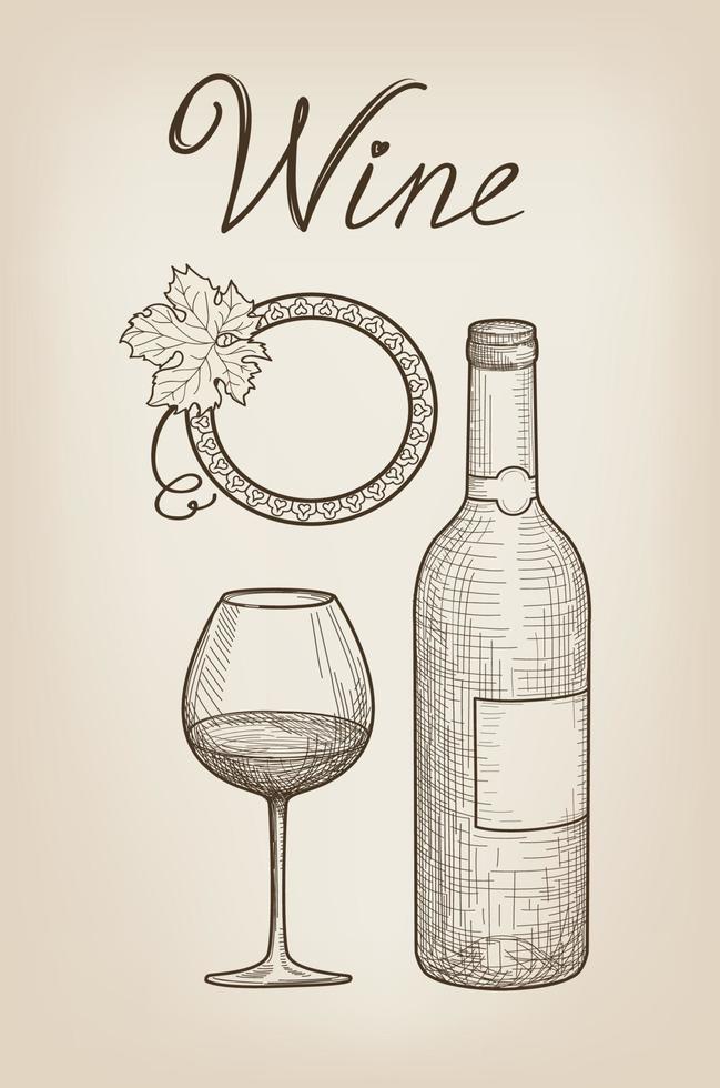 Wine set. Drink Drink wine set. Cafe bar menu banner. Wineglass, bottle, lettering. Winecard retro engraved  backgroundwine. Cafe bar menu banner. Wine glass, bottle, lettering. Wine card background vector