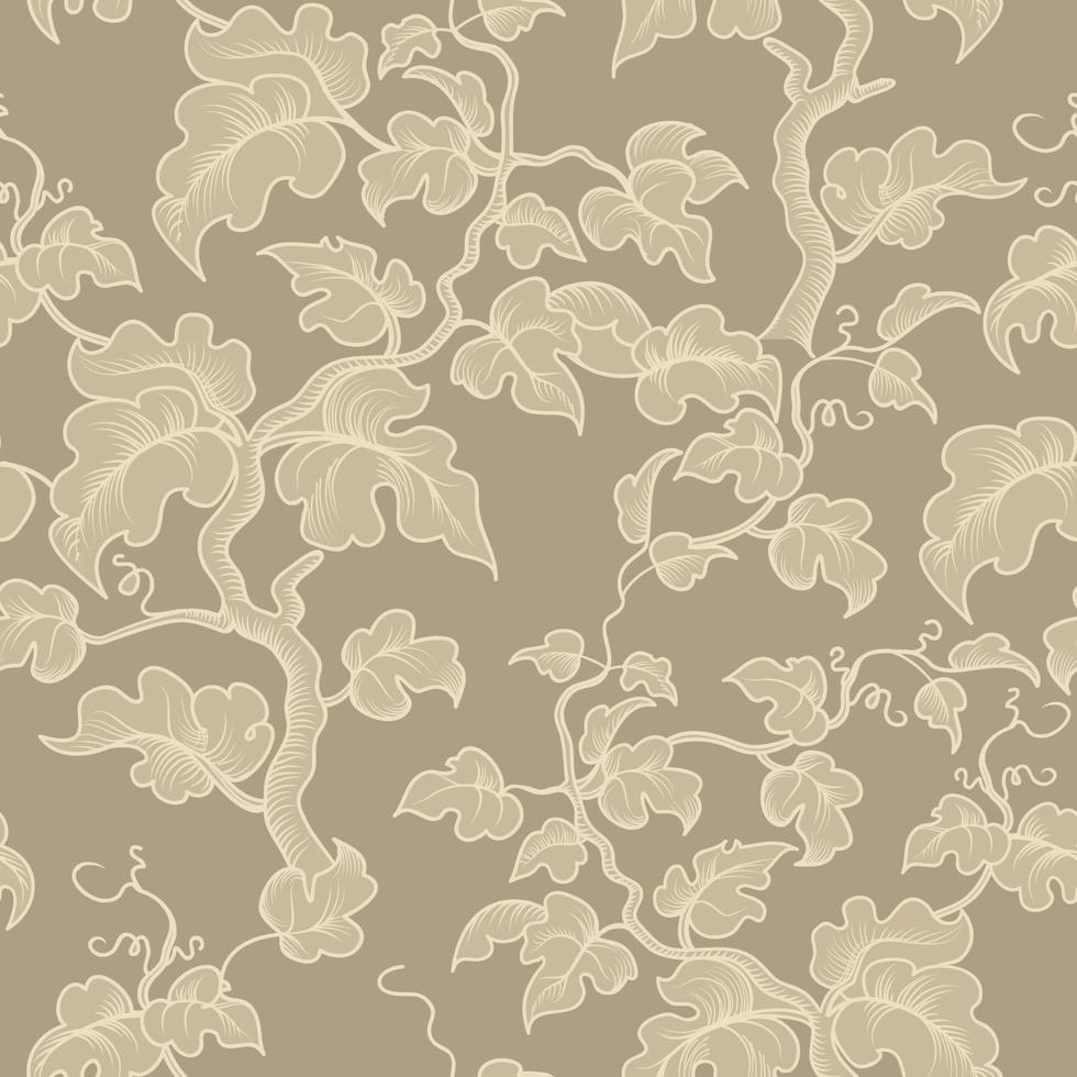 Floral seamless pattern. Branch with leaves ornamental line art drawing texture. Flourish nature summer garden textured background vector
