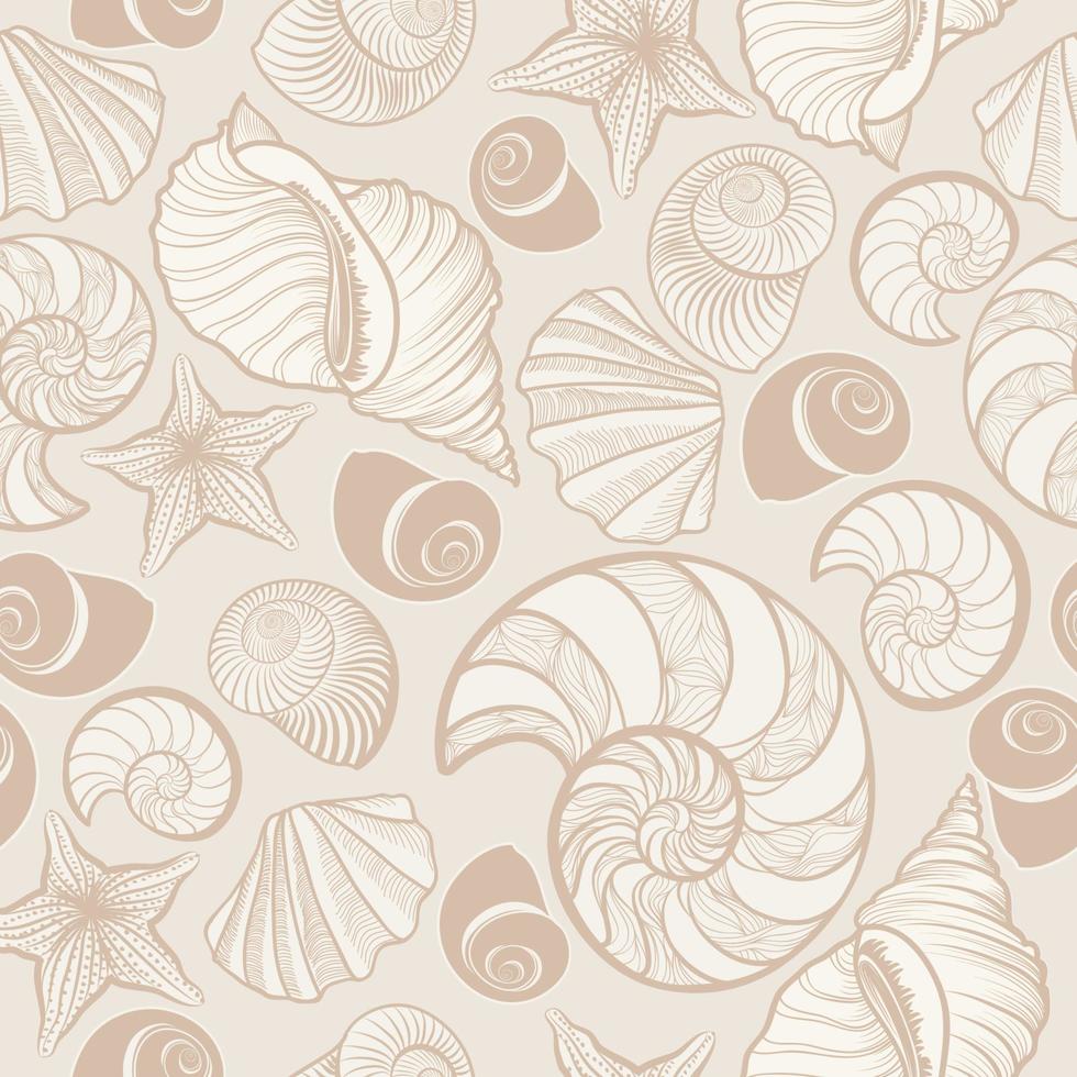 patrón sin costuras de concha marina. fondo marino de vacaciones de verano. papel tapiz de dibujo con textura ornamental bajo el agua con conchas marinas, estrellas de mar y arena. vector