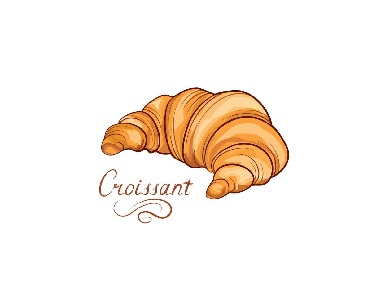 icono de comida francesa croissant. color de alimentos de grano dibujo a mano alzada en el arte lineal sobre fondo blanco. vector