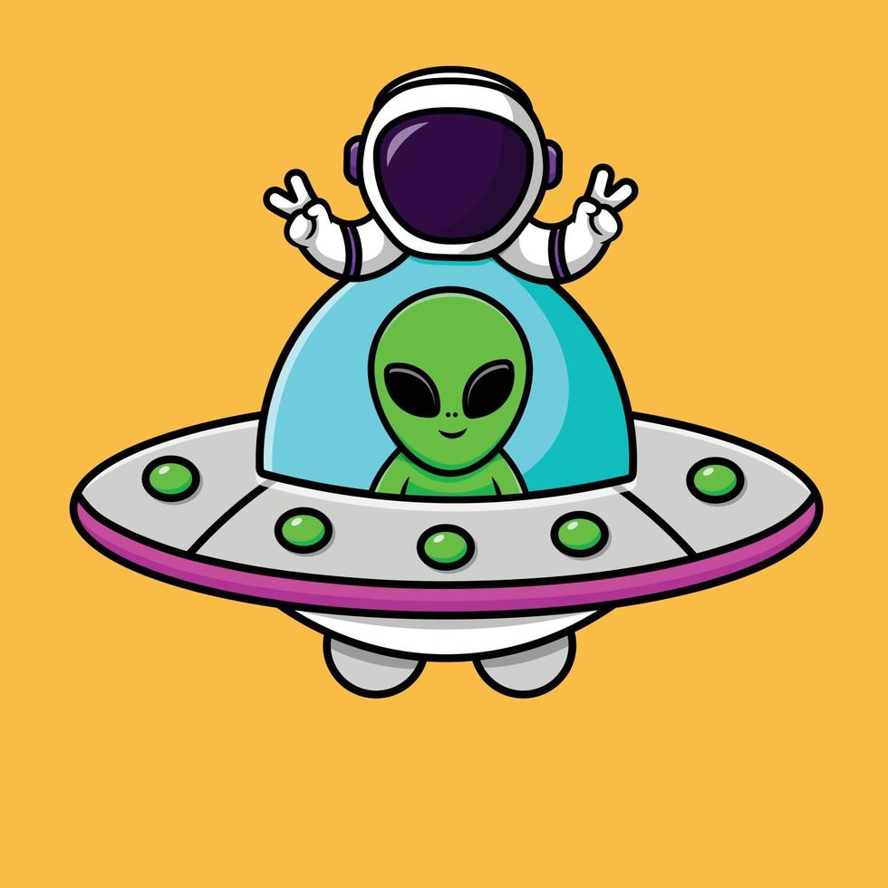 lindo alienígena y astronauta en la ilustración de icono de vector de dibujos animados de nave espacial OVNI. ciencia tecnología icono concepto aislado vector premium.