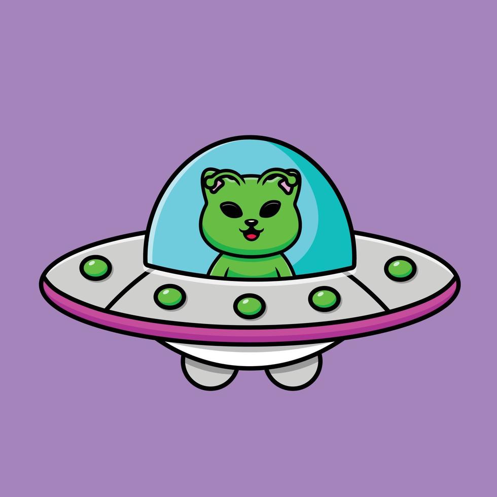 Cute Cat Alien Riding Ufo Cartoon Vector Icon Illustration. Animal Transportation Icon Concept Isolated Premium Vector.
