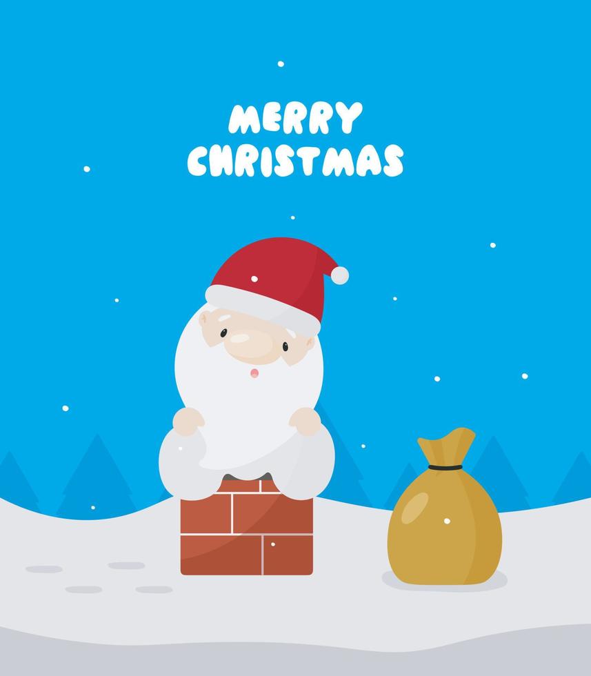 Greeting card with Santa Claus on the roof. Vector illustration in cartoon style.