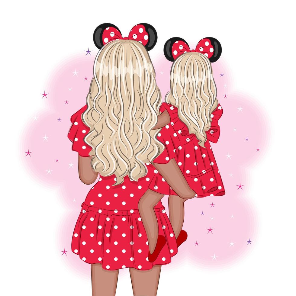 Mother and daughter walking in the park, with a Mickey Mouse headband, fashion illustration, vector
