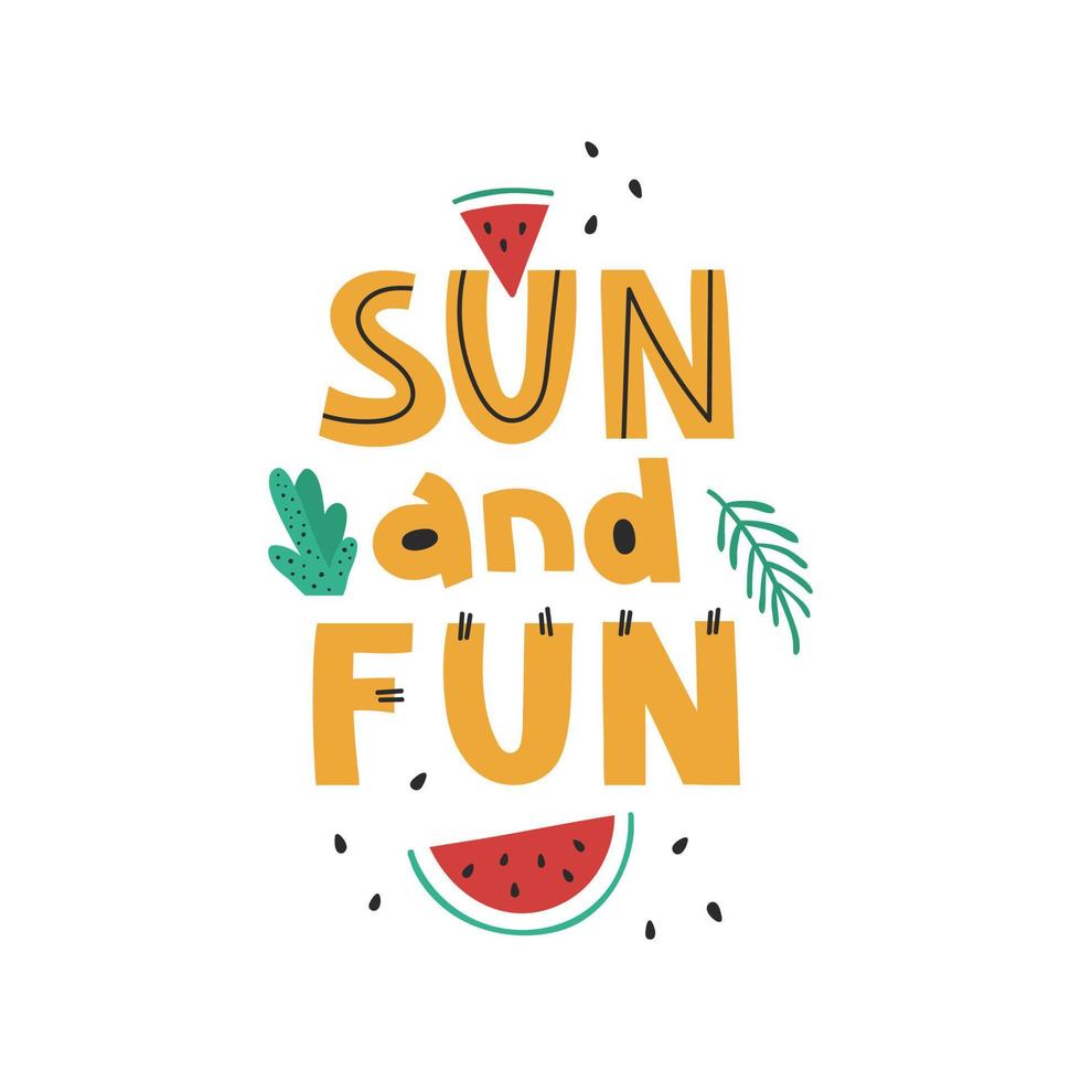 Bright summer lettering with pieces of watermelon and plants. Cute design for t shirt print, card, poster vector