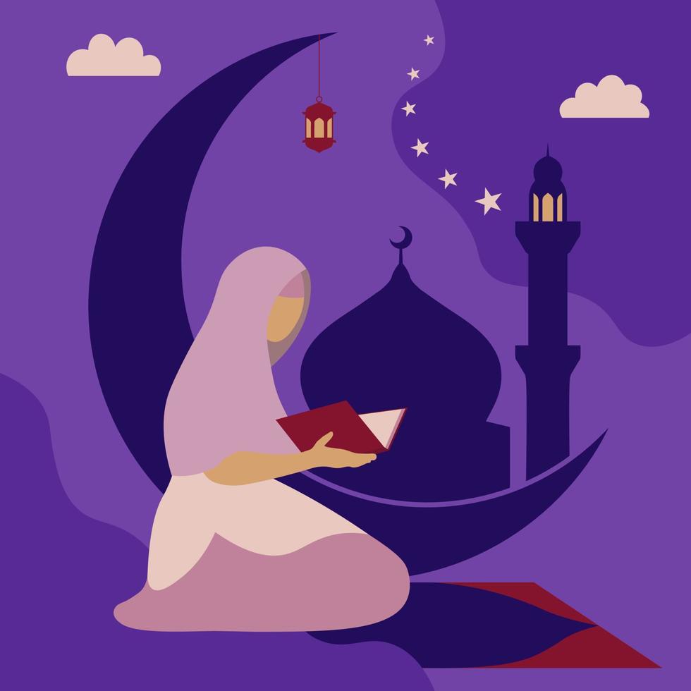 mujer rezando ramadan ilustración vectorial en estilo plano vector