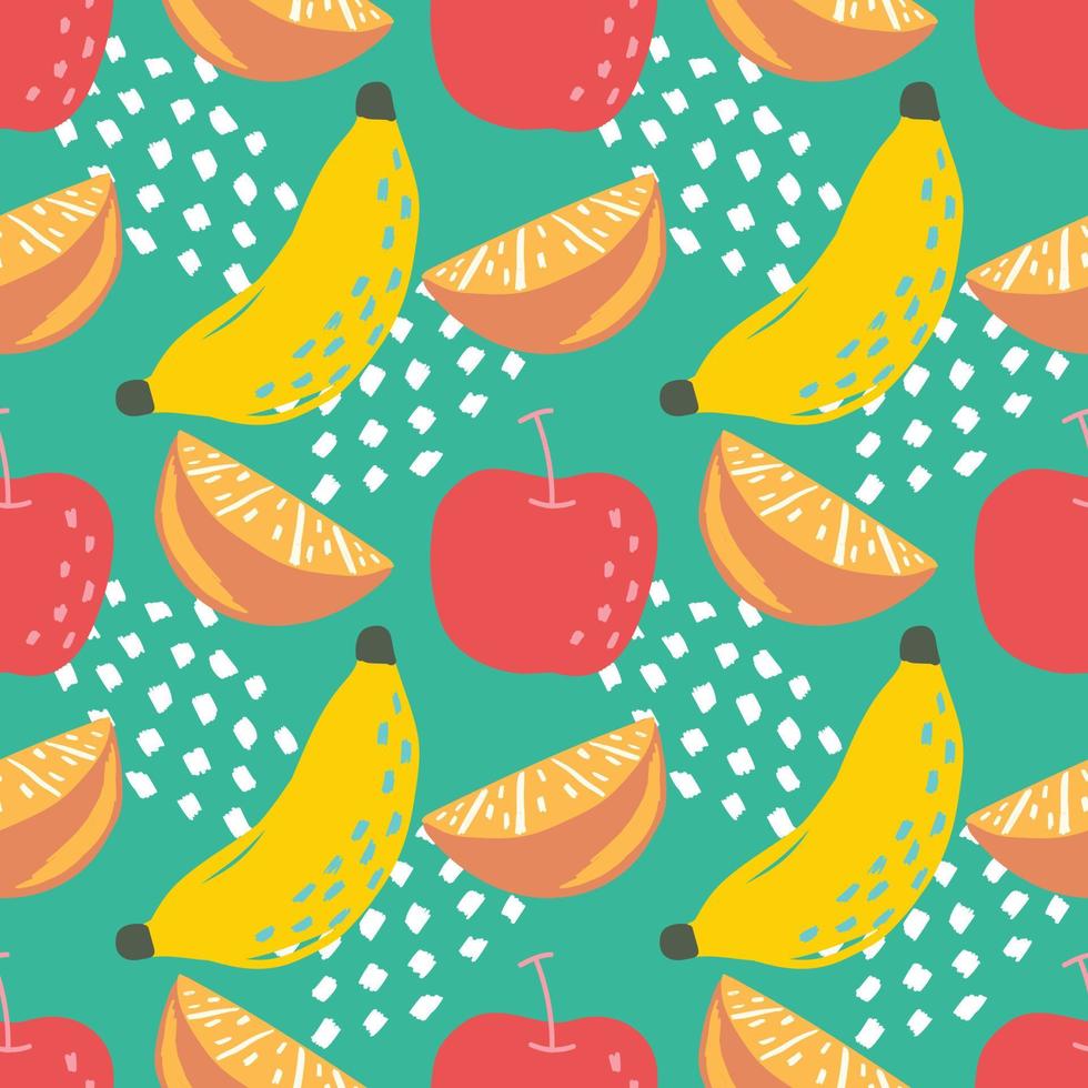 cute banana and mixed fruits background on green vector
