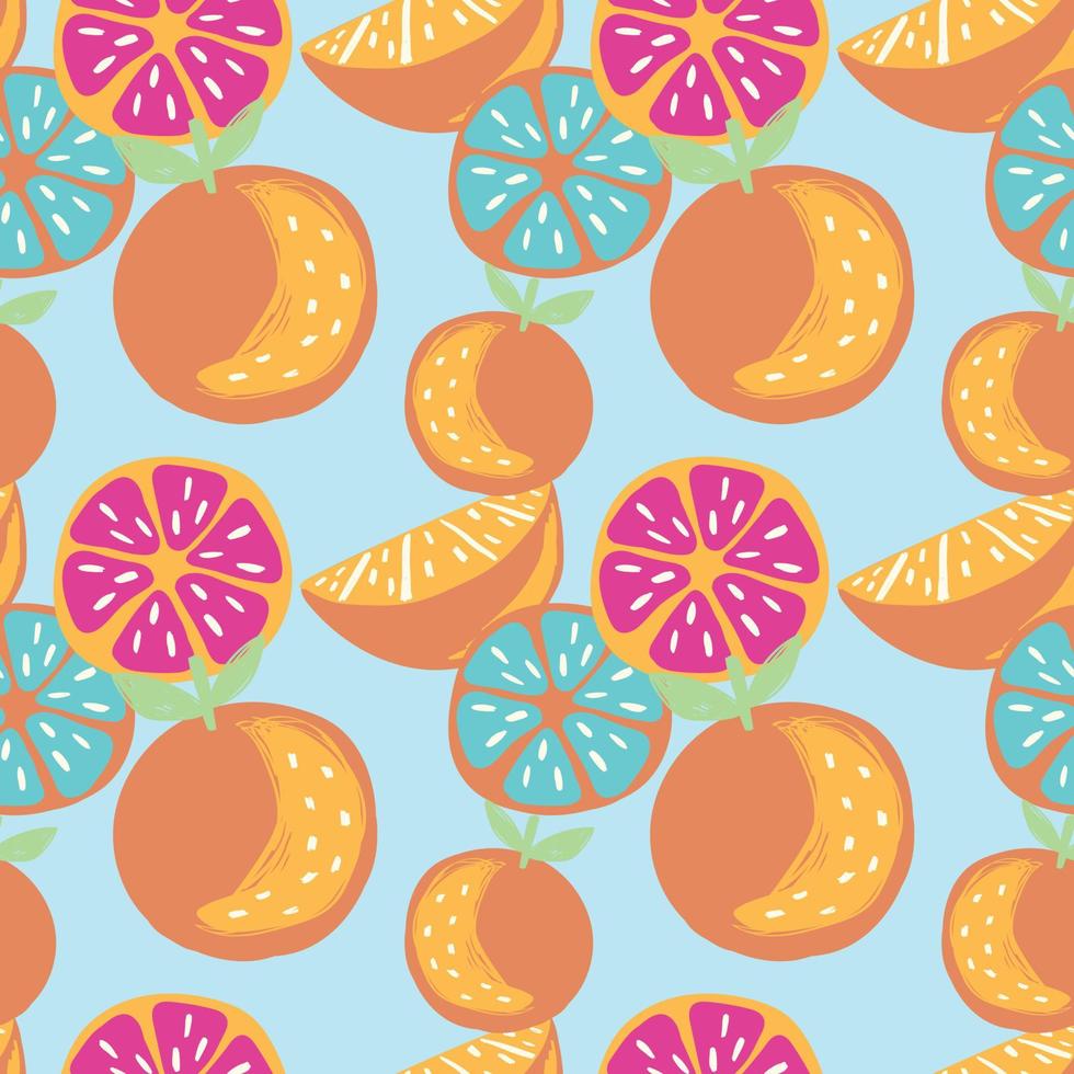 frutas mixtas y diseño de patrones sin fisuras naranja sobre fondo azul vector