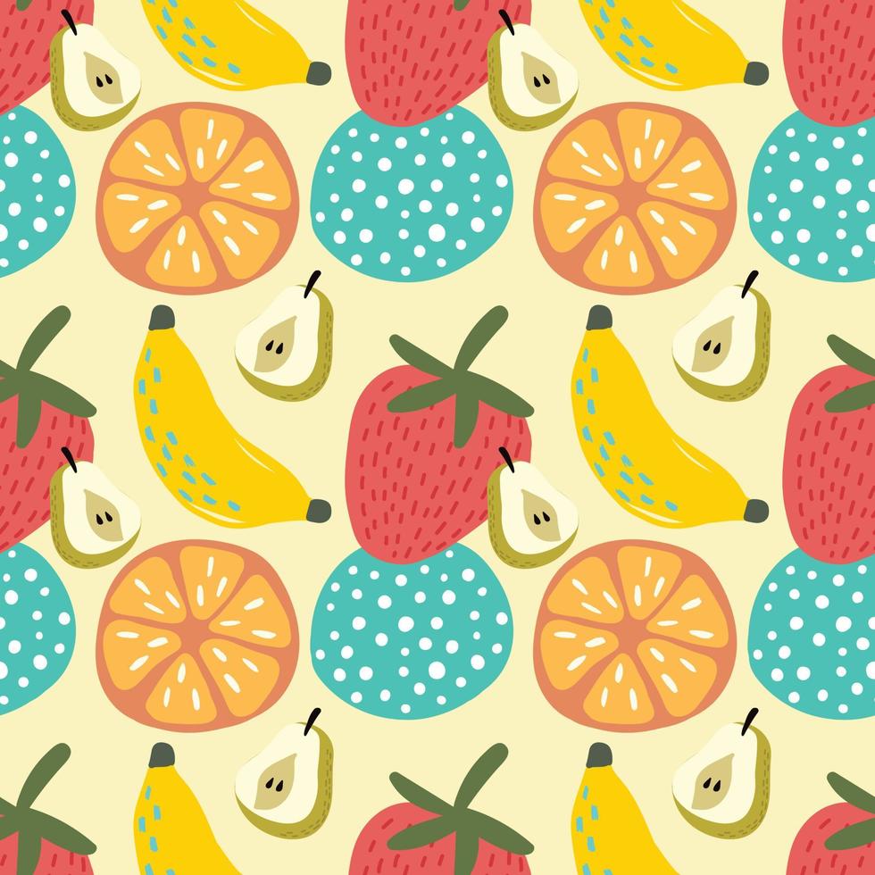 diseño de patrones de colores de frutas mixtas sobre fondo amarillo vector